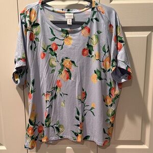 Chico's XL Boxy Blue Fruit Print Short Sleeve Top